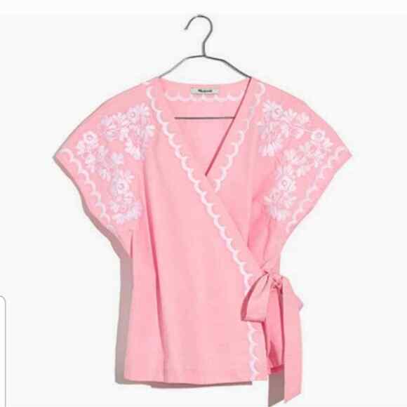Madewell Pastel Pink Embroidered Kimono Sleeve Wrap Cap Sleeve Top XS - Picture 1 of 11